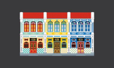 Colorful and historical colonial style double storey terrace houses. Linked. Caption: the places where the owner's origin.  clipart