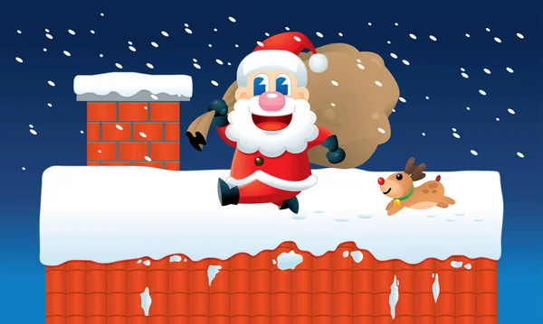 Père Noël Mignon Son Renne Est Occupé Envoyer Des Cadeaux — Image vectorielle