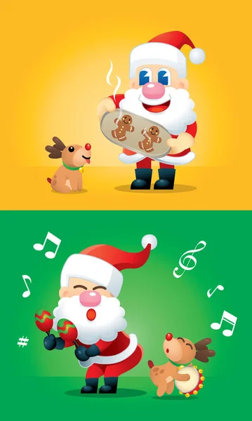 Lindo Santa Sus Renos Varios Puestos Con Fondos Coloridos Vector — Vector de stock