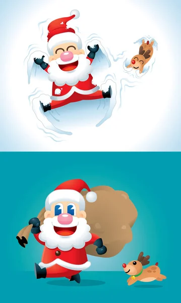 Père Noël Mignon Ses Rennes Dans Divers Postes Avec Des — Image vectorielle