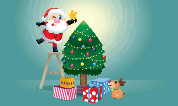 Lindo Papá Noel Sus Renos Están Decorando Árbol Navidad Vector — Vector de stock