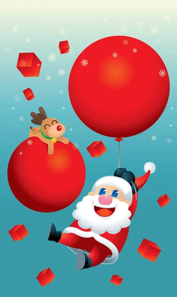 Joli Père Noël Son Renne Flottent Dans Ciel Avec Énormes — Image vectorielle