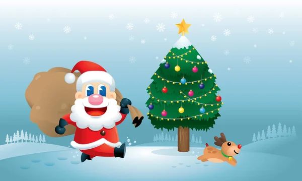 Père Noël Mignon Son Renne Est Occupé Envoyer Des Cadeaux — Image vectorielle