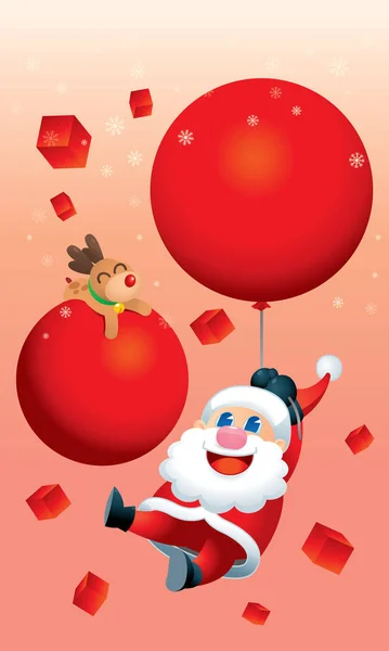 Lindo Santa Sus Renos Están Flotando Cielo Con Enormes Globos — Vector de stock