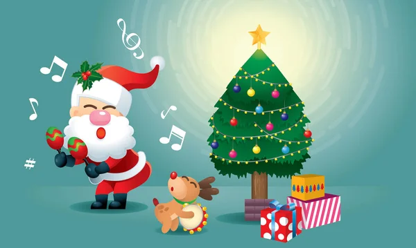 Moș Crăciun Drăguț Renii Lui Cântă Dansează Sub Pomul Crăciun — Vector de stoc