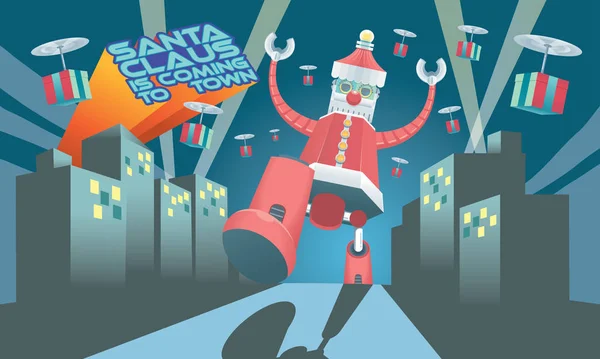 Robot Santa Des Cadeaux Mécaniques Volants Arrive Ville Avec Des — Image vectorielle