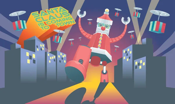 Robot Santa Des Cadeaux Mécaniques Volants Arrive Ville Avec Des — Image vectorielle