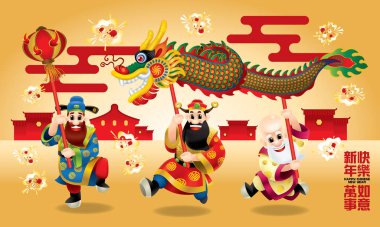 Three cute Chinese gods (represent long life, wealthy and career) are performing dragon dance. With different posts. Caption: wishing you a happy Chinese New Year and everything go fine. clipart