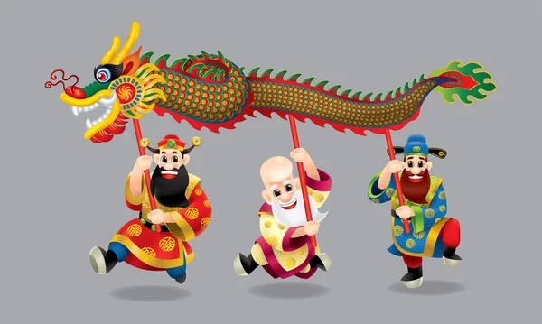 Sevimli Çinli Tanrılar Uzun Ömürlü Zengin Kariyer Temsil Ejderha Dansı — Stok Vektör