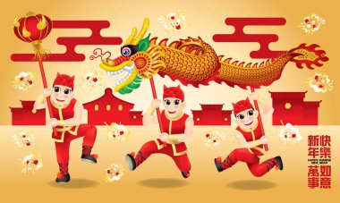 Geleneksel Çin ejderha dansı yapan erkekler. Farklı mesajlar ve renklerle. Başlık: mutlu bir Çin Yeni Yılı isteyen ve her şey iyi gitmek.