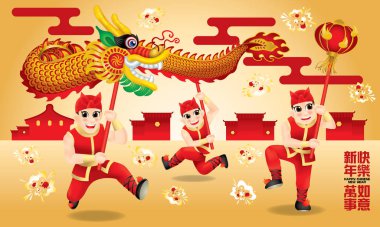 Geleneksel Çin ejderha dansı yapan erkekler. Farklı mesajlar ve renklerle. Başlık: mutlu bir Çin Yeni Yılı isteyen ve her şey iyi gitmek.