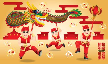 Geleneksel Çin ejderha dansı yapan erkekler. Farklı mesajlar ve renklerle. Başlık: mutlu bir Çin Yeni Yılı isteyen ve her şey iyi gitmek.