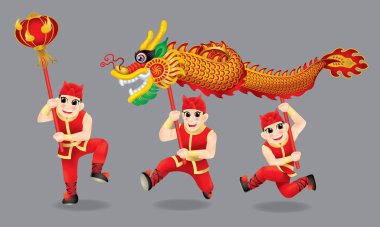 Geleneksel Çin ejderha dansı yapan erkekler. Farklı mesajlar ve renklerle. Izole.