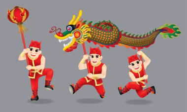 Geleneksel Çin ejderha dansı yapan erkekler. Farklı mesajlar ve renklerle. Izole.