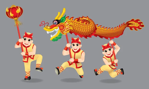 Uomini Che Eseguono Danza Tradizionale Cinese Del Drago Con Diversi — Vettoriale Stock