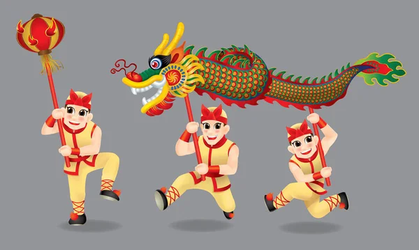 Uomini Che Eseguono Danza Tradizionale Cinese Del Drago Con Diversi — Vettoriale Stock