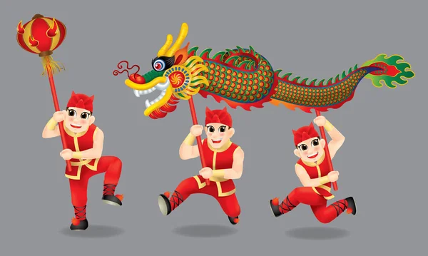 Мужчины Исполняют Традиционный Китайский Танец Дракона Разными Столбами Цветами Isolated — стоковый вектор