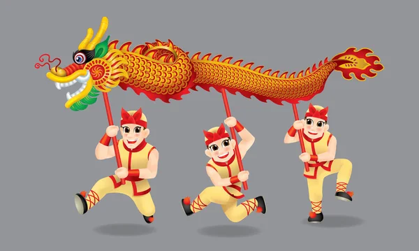 Hommes Exécutant Danse Traditionnelle Dragon Chinois Avec Différents Poteaux Couleurs — Image vectorielle