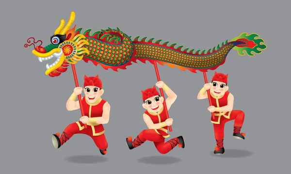 Männer Die Traditionellen Chinesischen Drachentanz Aufführen Mit Verschiedenen Pfosten Und — Stockvektor