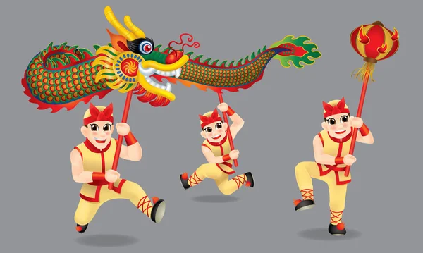 Hombres Realizando Danza Tradicional Del Dragón Chino Con Diferentes Postes — Vector de stock