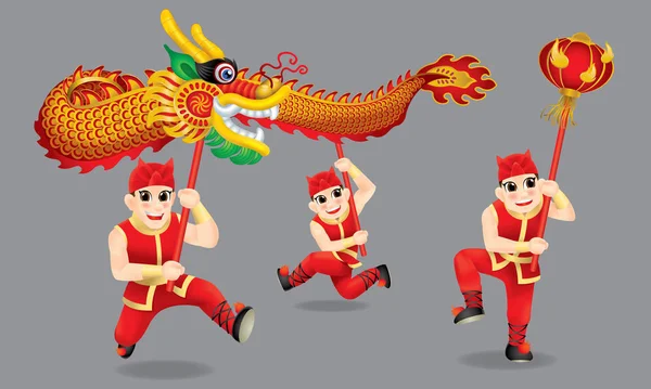 Männer Die Traditionellen Chinesischen Drachentanz Aufführen Mit Verschiedenen Pfosten Und — Stockvektor