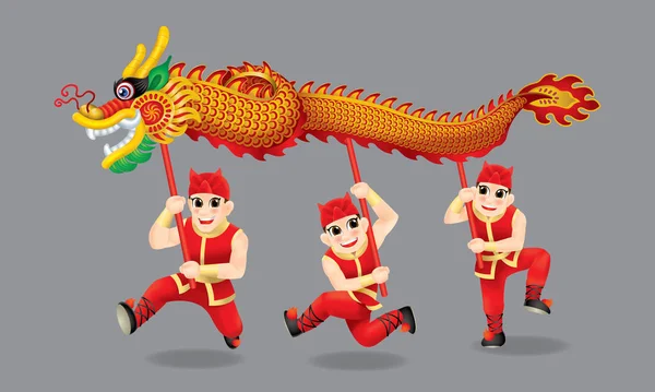 Hommes Exécutant Danse Traditionnelle Dragon Chinois Avec Différents Poteaux Couleurs — Image vectorielle