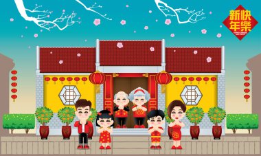 Geleneksel Çin tarzı ev ile yeni yılı kutlayan Oryantal aile. Şeftali ağacı ile gün sahnesi. Başlık: mutlu Çin Yeni Yılı (üst).