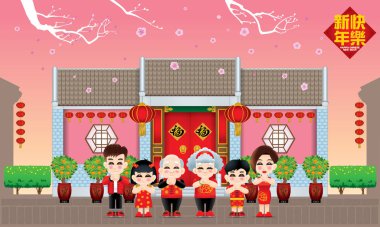 Geleneksel Çin tarzı ev ile yeni yılı kutlayan Oryantal aile. Şeftali ağacı ile gün sahnesi. Başlık: refah (ortada), mutlu Çin Yeni Yılı (üst).