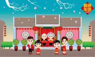 Geleneksel Çin tarzı ev ile yeni yılı kutlayan Oryantal aile. Şeftali ağacı ile gün sahnesi. Başlık: mutlu Çin Yeni Yılı (üst).