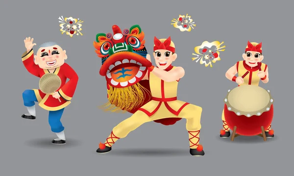 Homens Felizes Realizando Dança Tradicional Leão Chinês Isolado Com Cores — Vetor de Stock