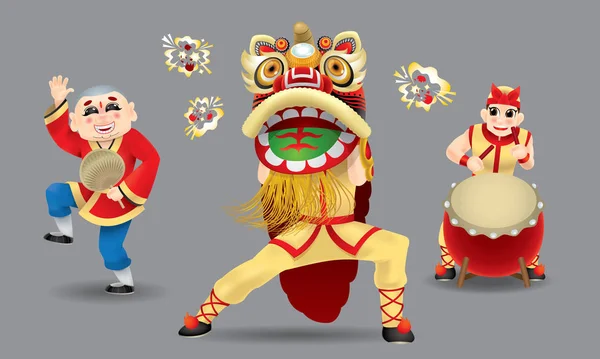 Des Hommes Heureux Exécutant Danse Traditionnelle Lion Chinois Isolé Avec — Image vectorielle