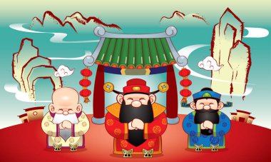 Uzun yaşamı, zenginliği ve kariyeri ve mürekkep boyama tarzını temsil eden üç sevimli Çin tanrısı..