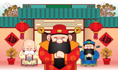 Three cute Chinese gods with a traditional Chinese style entrance. Caption: 'good luck'.
