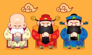 Uzun yaşamı, zenginliği ve kariyeri temsil eden üç sevimli Çin tanrısı.. 