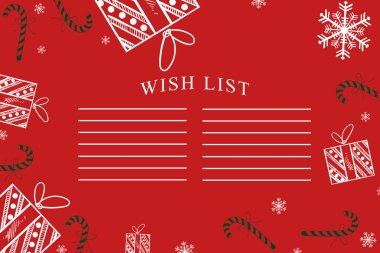 Noel dilek listesi, Noel arka plan hediyeler, Noel süsleri ve kar taneleri. Yeni yıl arka plan, kopya alanı