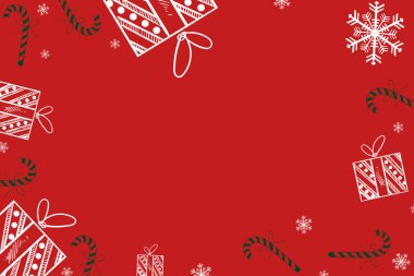 Noel hediyeler, Noel süsleri ve kar taneleri arka plan. Yeni yıl arka plan, kopya alanı