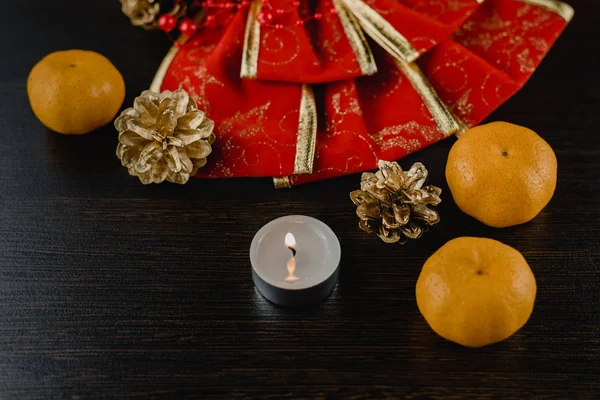 Christmas Christmas Composition Candle Mandarins New Year Red Bow Golden — Stock Photo, Image