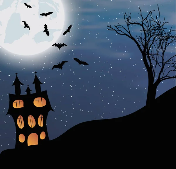 Paisagem com um castelo de Halloween e grande lua — Vetor de Stock