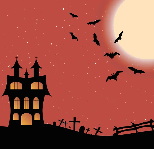 Landschaft mit einem Halloween-Schloss und großem Mond — Stockvektor