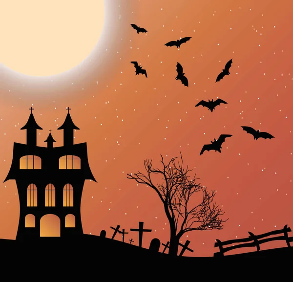 Пейзаж с Хэллоуинским замком и большой луной — стоковый вектор