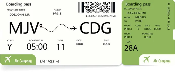 Boarding pass. Groene vliegtuig ticket. — Stockvector