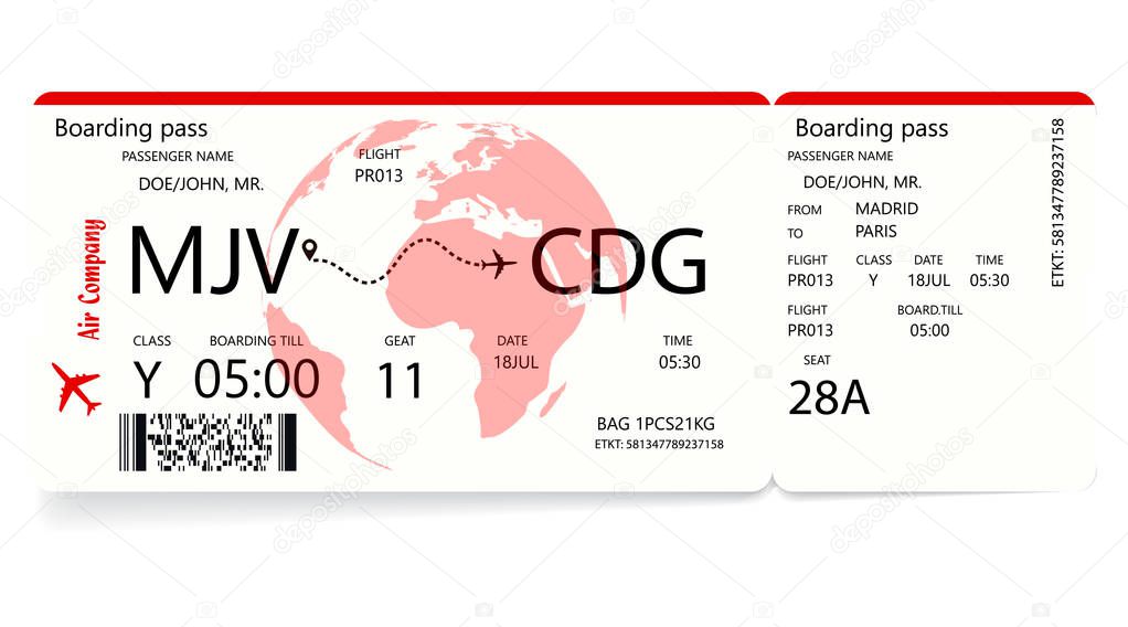 Red airplane ticket. Boarding pass ticket template
