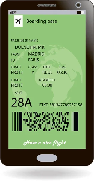 Biniş kartı smartphone ekranında. Seyahat kavramı — Stok Vektör