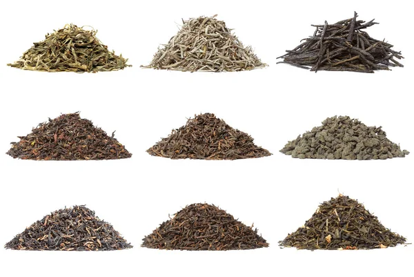 Sada různých suchého čaje. Izolované bílém — Stock fotografie