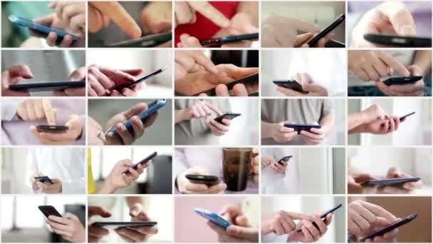 Collage de mano usando el teléfono inteligente de pantalla táctil moderno — Vídeos de Stock