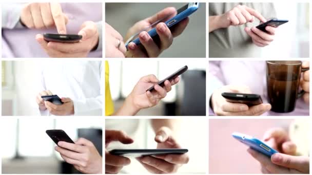 Collage Hand Med Moderna Pekskärm Smart Telefon Närbild — Stockvideo