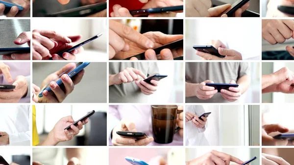 Collage of hand using modern touchscreen smart phone — Stock Photo, Image