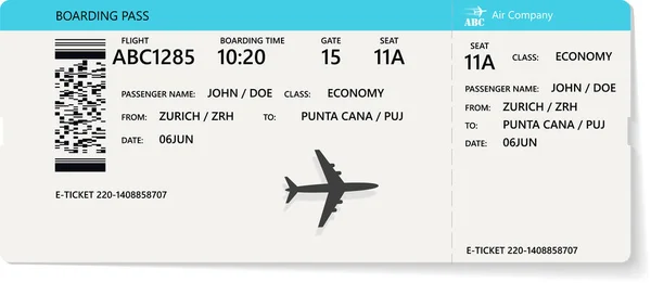 Billet d'avion réaliste ou design de carte d'embarquement — Image vectorielle