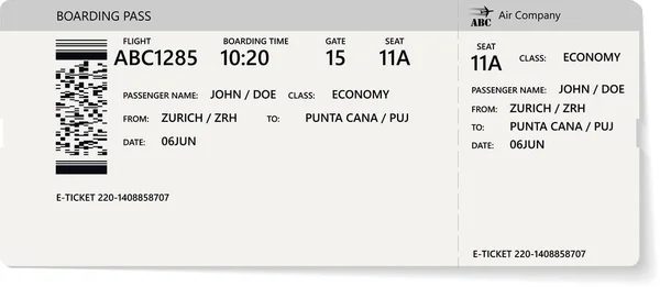 Billet Avion Réaliste Design Carte Embarquement Avec Temps Vol Irréel — Image vectorielle