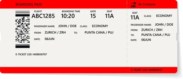 Billet Avion Réaliste Design Carte Embarquement Avec Temps Vol Irréel — Image vectorielle